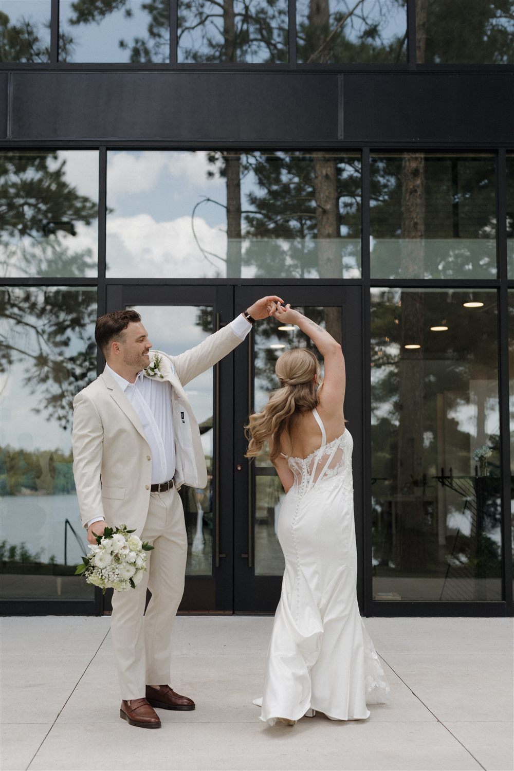Wedding dance at a lakeside venue